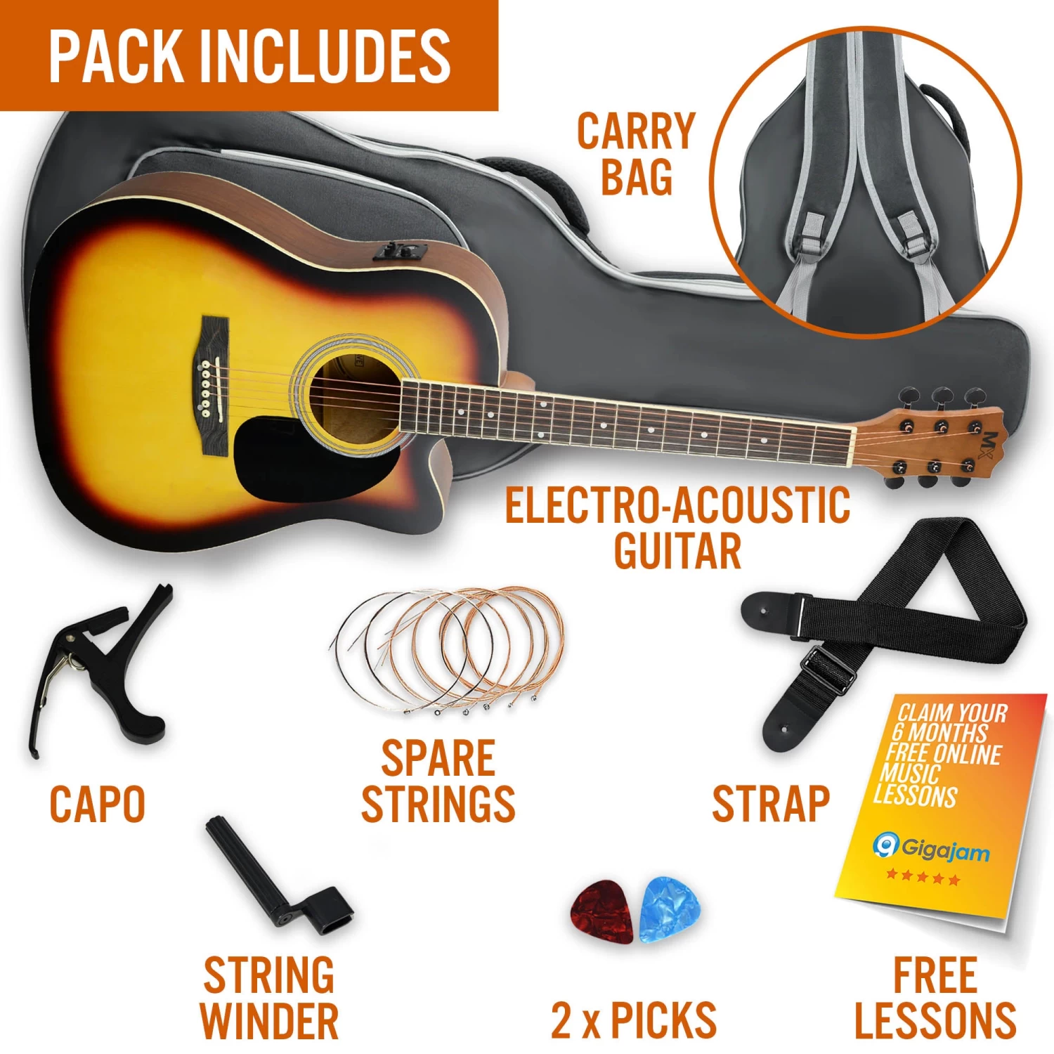 MX By 3rd Avenue Cutaway Electro Acoustic Guitar Pack - Image 9