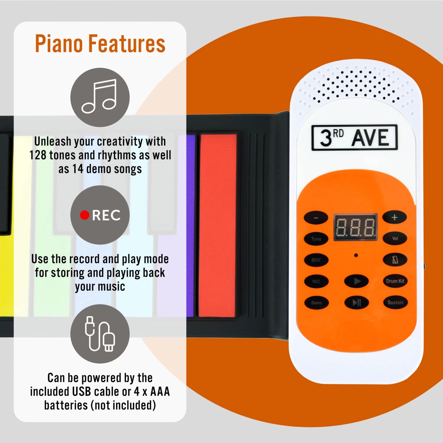 3rd Avenue 49 Key Rainbow Soft Touch Roll Up Piano - Image 4