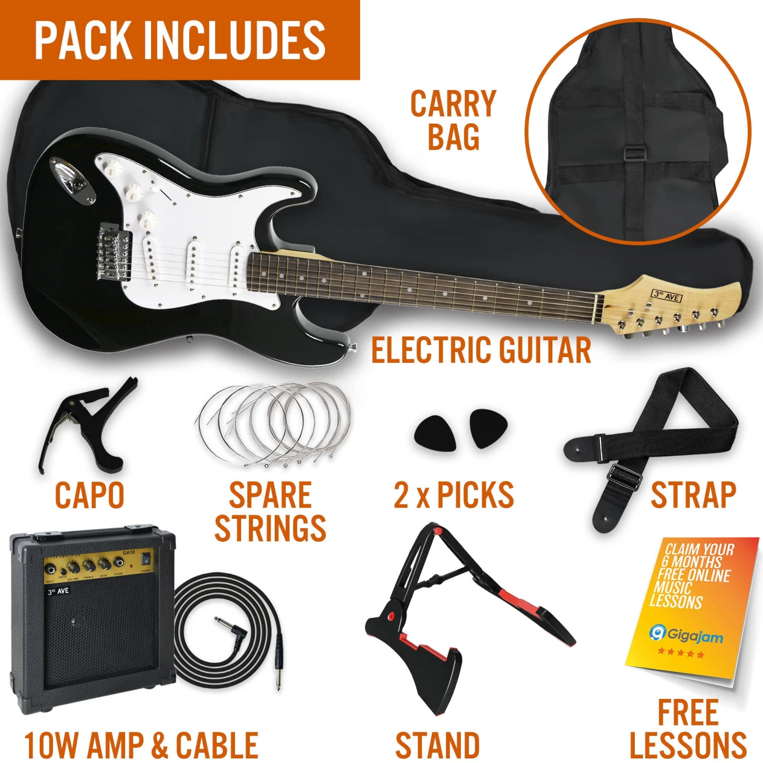 3rd Avenue 4/4 Size Electric Guitar Pack - Left Hand Black - Image 3