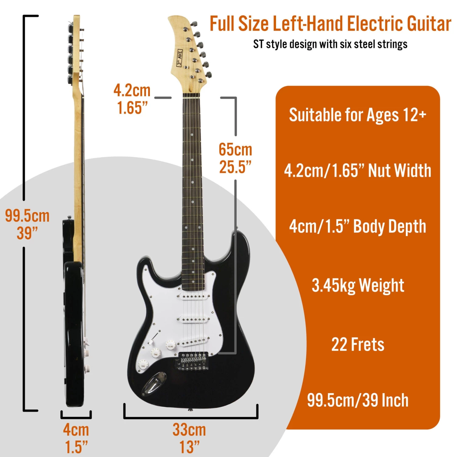3rd Avenue 4/4 Size Electric Guitar Pack - Left Hand Black - Image 2